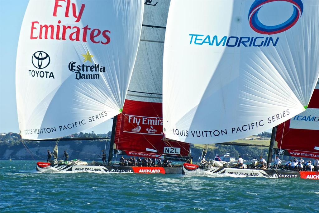 Louis Vuitton Pacific Series - 2009 Team New Zealand v Team Origin (GBR) - trailling between challengers is banned from the 2021 Am Cup - photo © Richard Gladwell www.photosport.co.nz